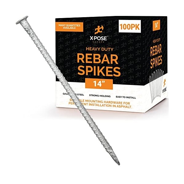Xpose Safety Heavy Duty Rebar Stakes for Asphalt, 14 in L x 1/2 in Dia, Galvanized Alloy Steel, 100PK Spike-100-X-S - main